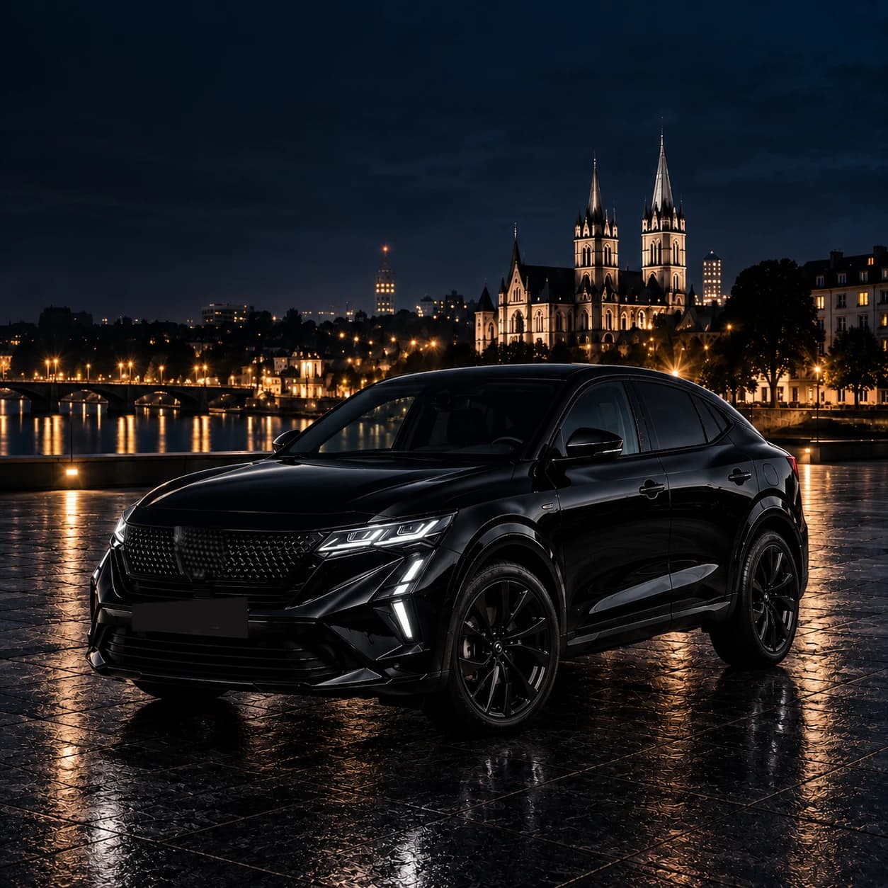 Renault Rafale E-Tech noire de nuit, quai éclairé face à une cathédrale illuminée